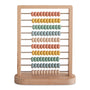 The Mushie Wooden Abacus features ten rows of colorful orange, peach, yellow, green, and blue beads on a light wood frame—a perfect Montessori counting toy for toddler learning.