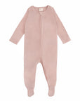 Mushie Zipper Pajama: light pink, long-sleeve footed, front zip, laid flat.