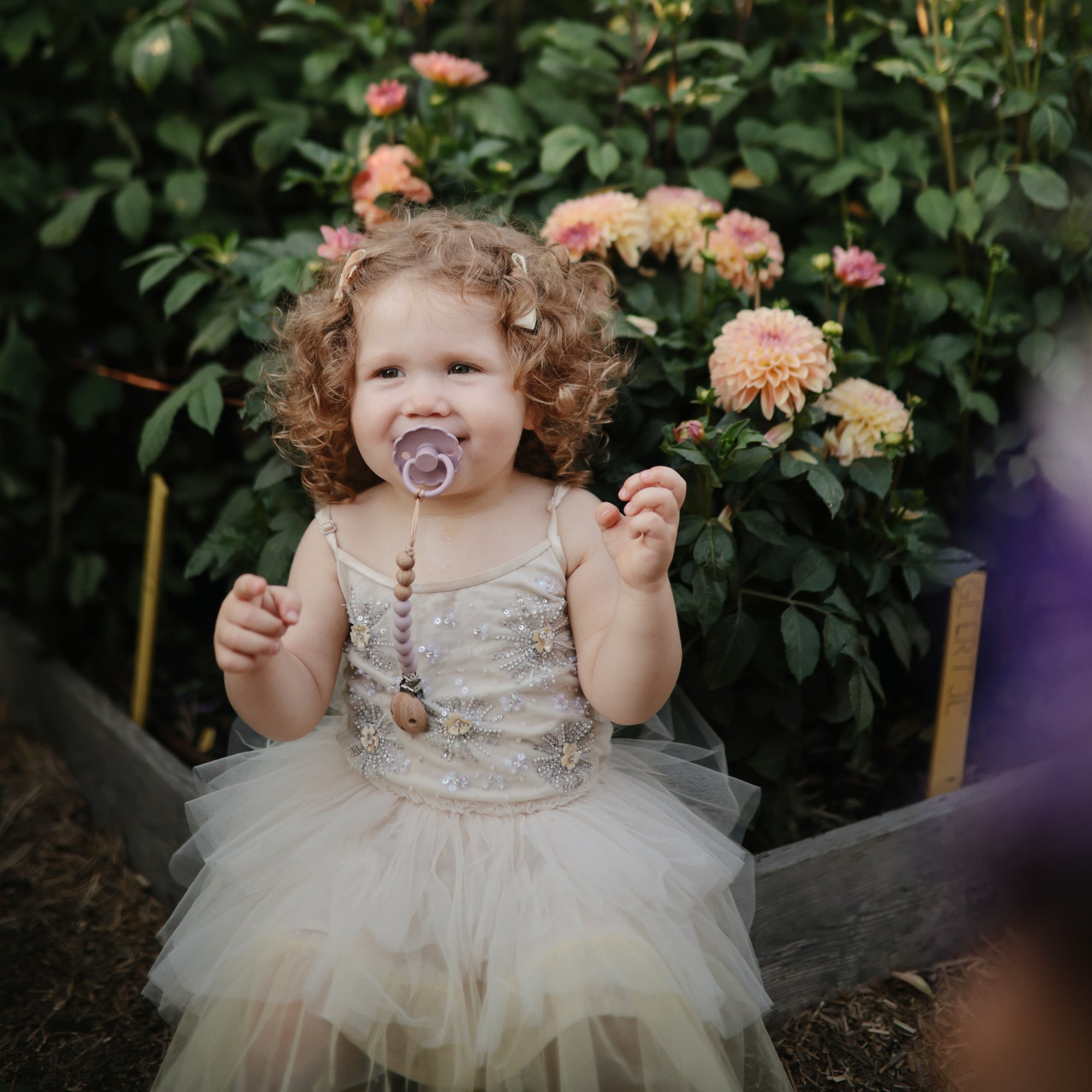 Toddler in a dress with FRIGG Daisy Natural Rubber Pacifier sits by blooming garden flowers.