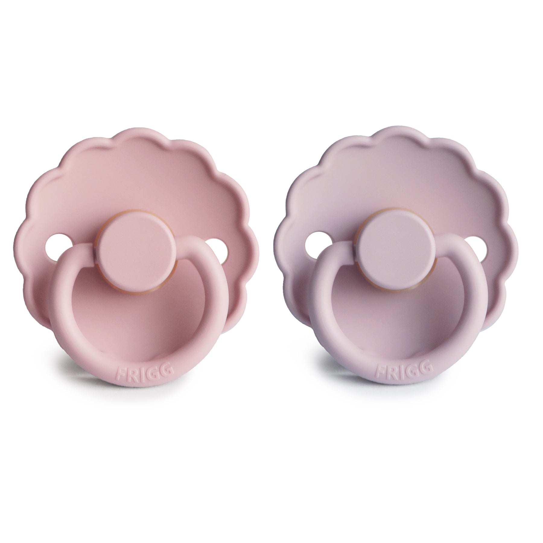 FRIGG Daisy Natural Rubber Pacifier 2-Pack in soft pink and lavender with latex nipples.