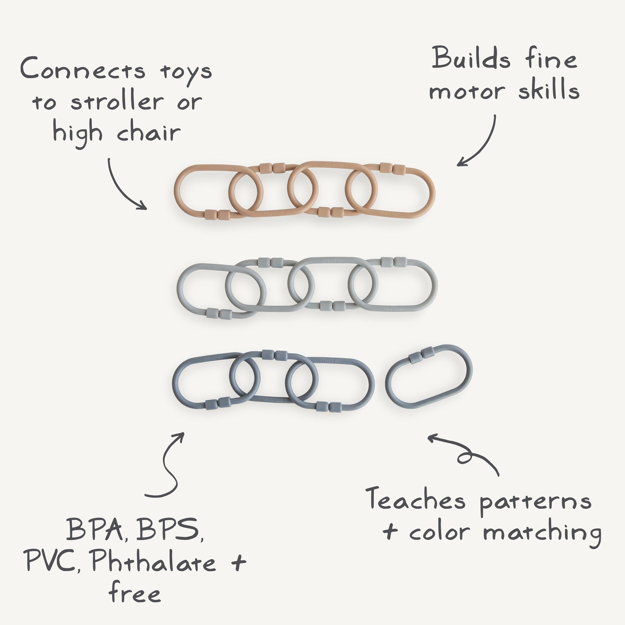 Mushie Chain Link Rings: Three interlocking silicone sets in tan, gray, and blue. Perfect as stroller toy links—connects toys, builds fine motor skills, teaches patterns and color matching. BPA, BPS, PVC &amp; phthalate free.