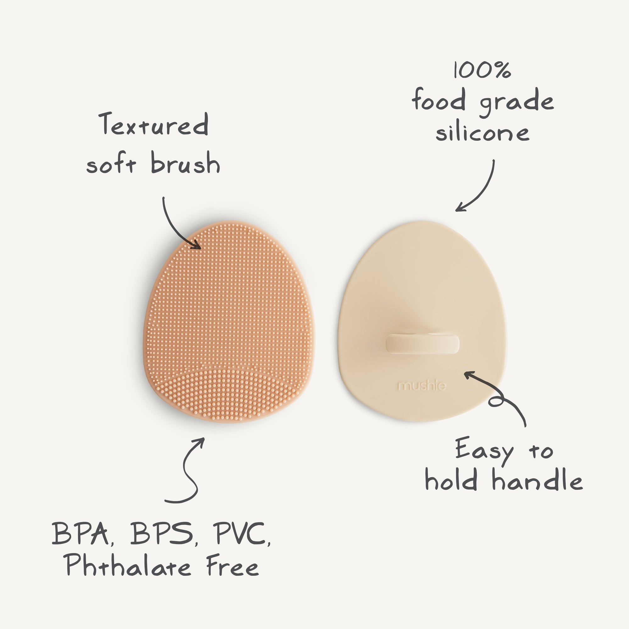 The mushie Cradle Cap Brushes feature two oval, food-grade silicone brushes—one with textured bristles and the other with a comfortable handle. BPA, BPS, PVC, and phthalate free; perfect for baby bath time.