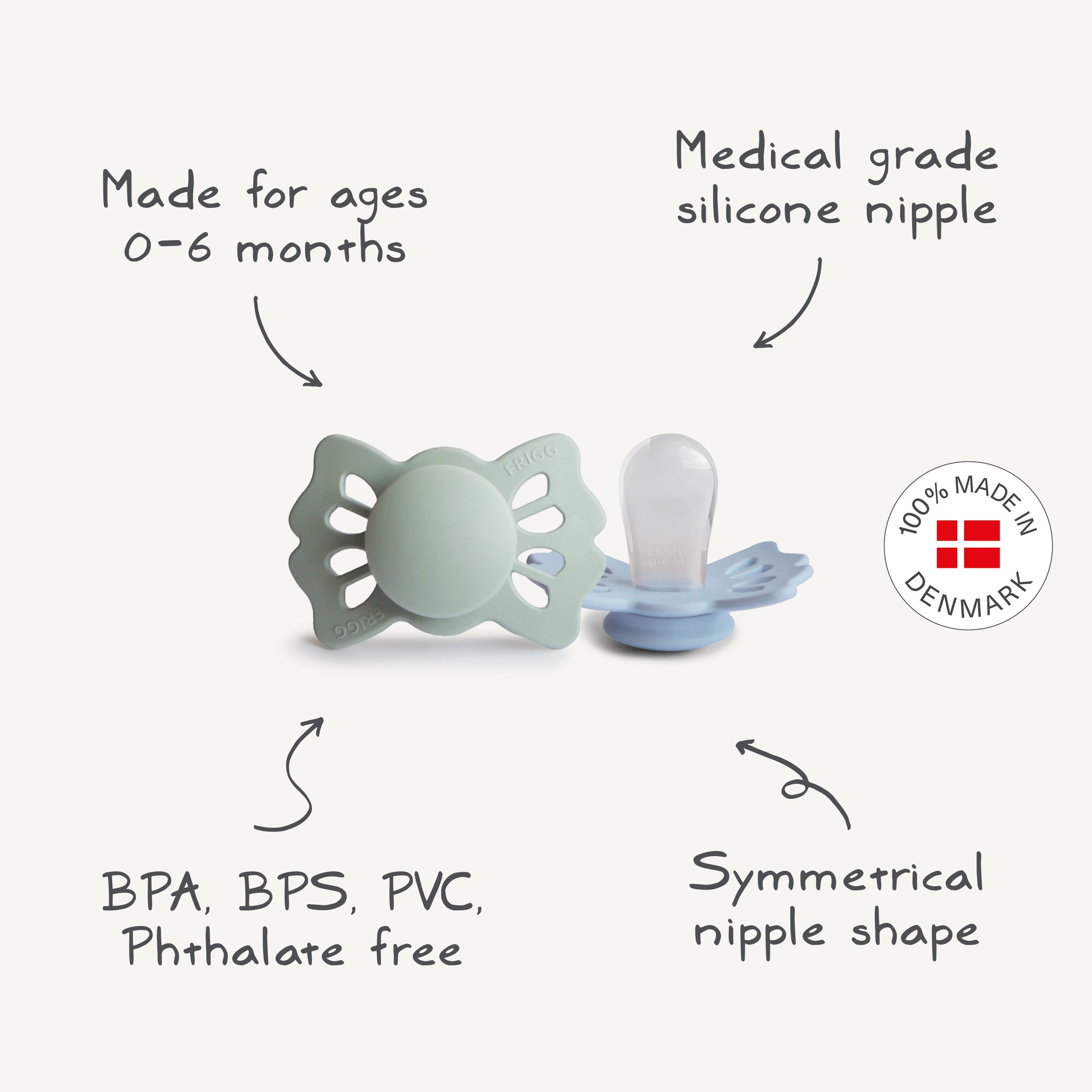 The FRIGG Lucky Symmetrical Silicone Pacifier 2-Pack (0-6 Months) features medical-grade silicone, is BPA/BPS/PVC/phthalate-free, and fully made in Denmark, ensuring comfort and safety for your baby.