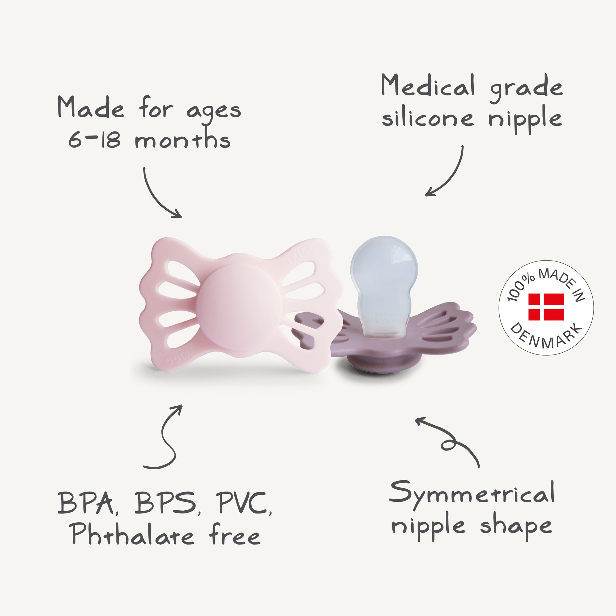 The FRIGG Lucky Symmetrical Silicone Pacifier 2-Pack (6-18 Months) features BPA/BPS/PVC/phthalate-free, medical-grade silicone nipples for healthy oral development. Made in Denmark by FRIGG, these pink and purple pacifiers are shaped symmetrically.
