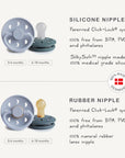 Two baby essentials: FRIGG Moon Natural Rubber Pacifier 2-Pack, Limited Edition.