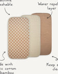 Three Mushie Changing Pad Liners: machine washable, water repellent, organic cotton.
