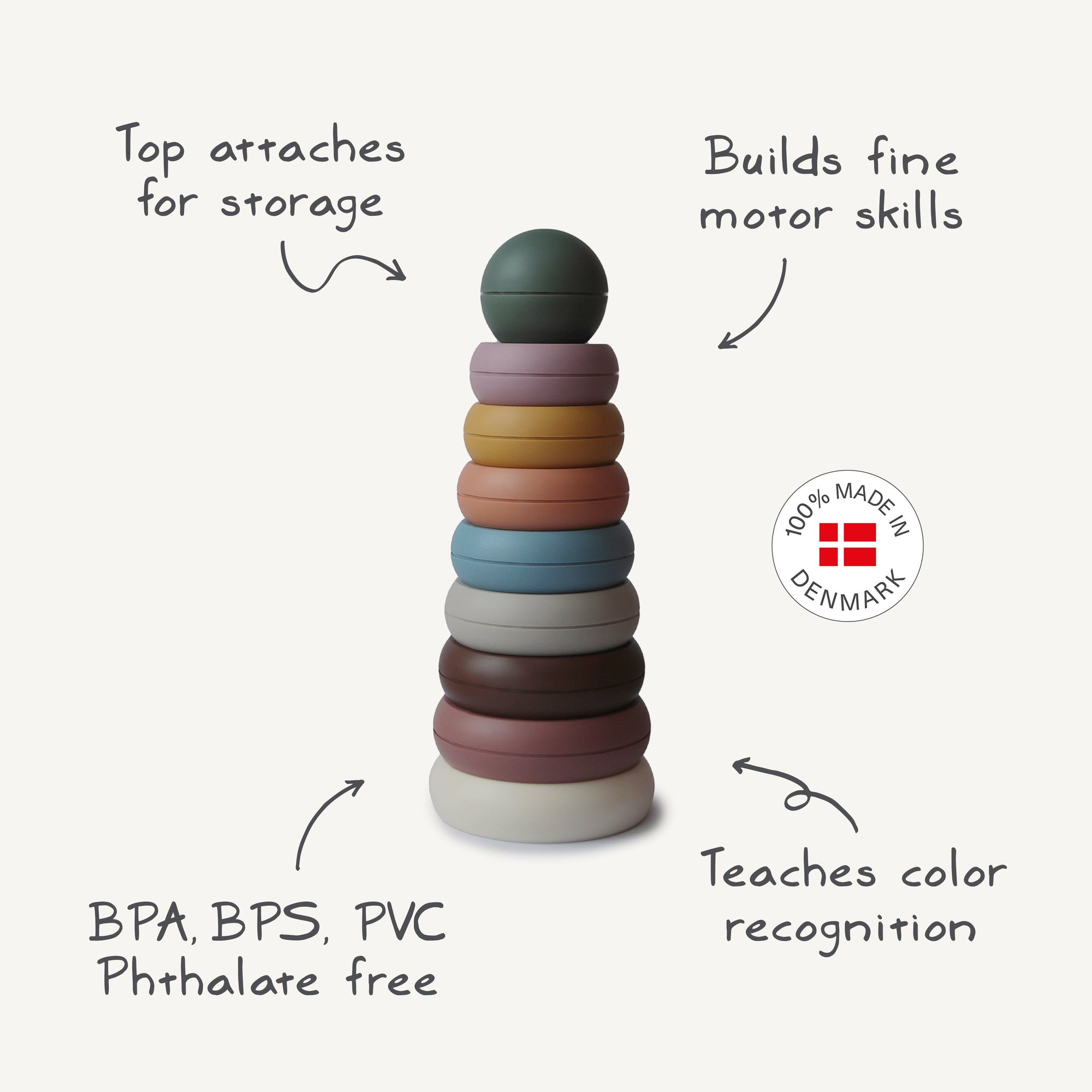 Mushie Stacking Rings Toy—non-toxic, muted colors, info text, Made in Denmark.