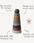 Mushie Stacking Rings Toy—non-toxic, muted colors, info text, Made in Denmark.