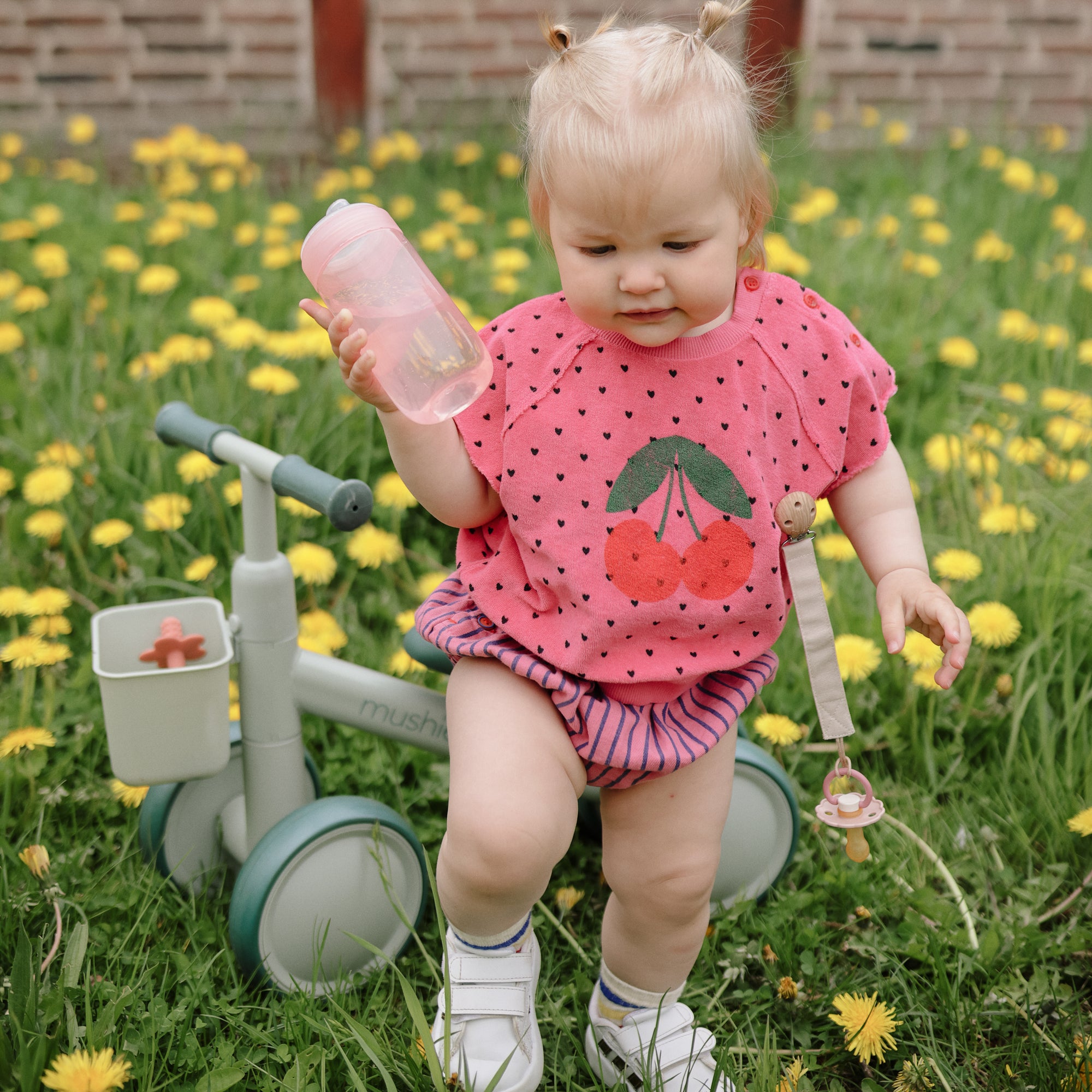Toddler in pink with bottle on a mushie Mini Toddler Bike, surrounded by dandelions.