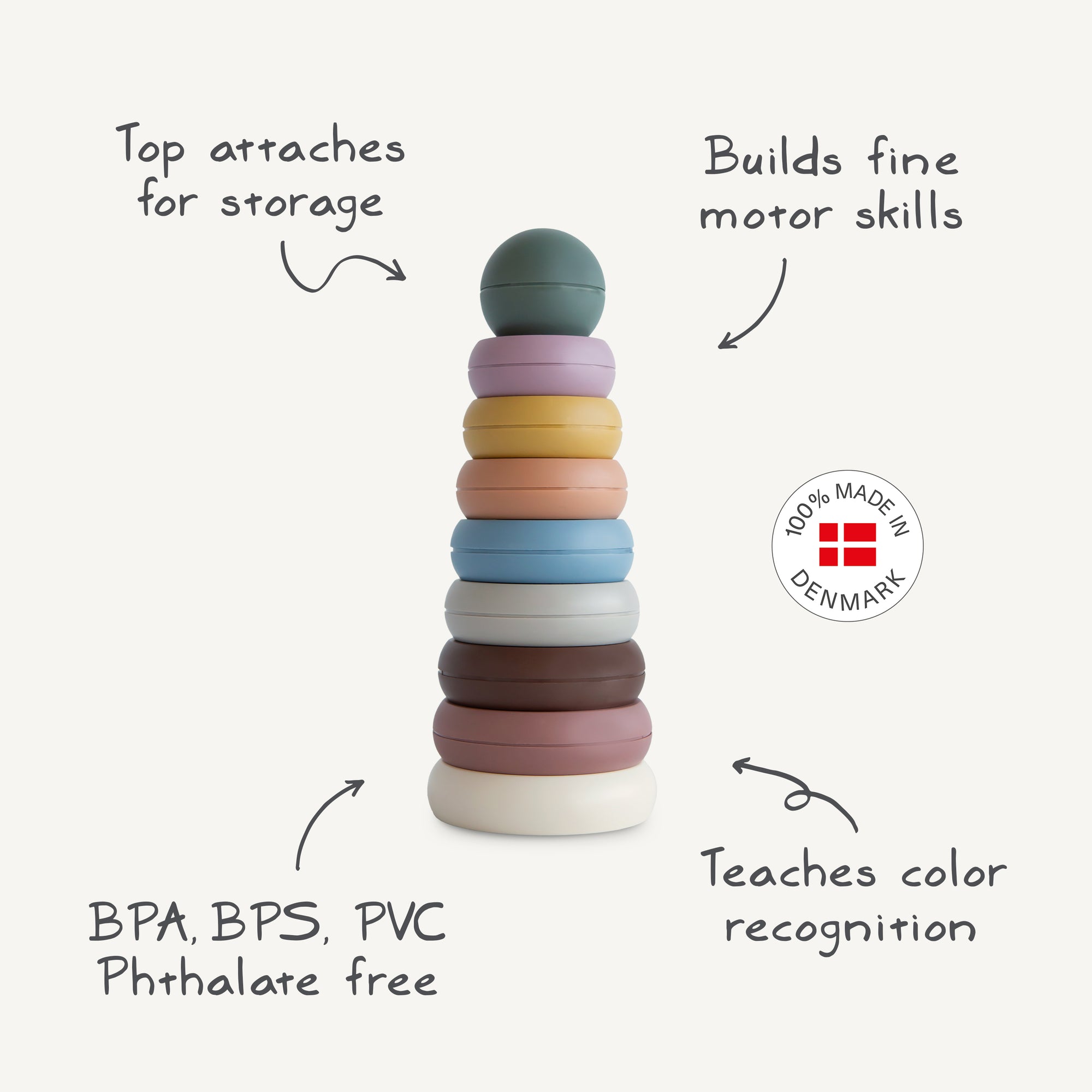 Mushie Stacking Rings Toy—non-toxic plastic, colorful, 100% Made in Denmark.