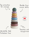 Mushie Stacking Rings Toy—non-toxic plastic, colorful, 100% Made in Denmark.