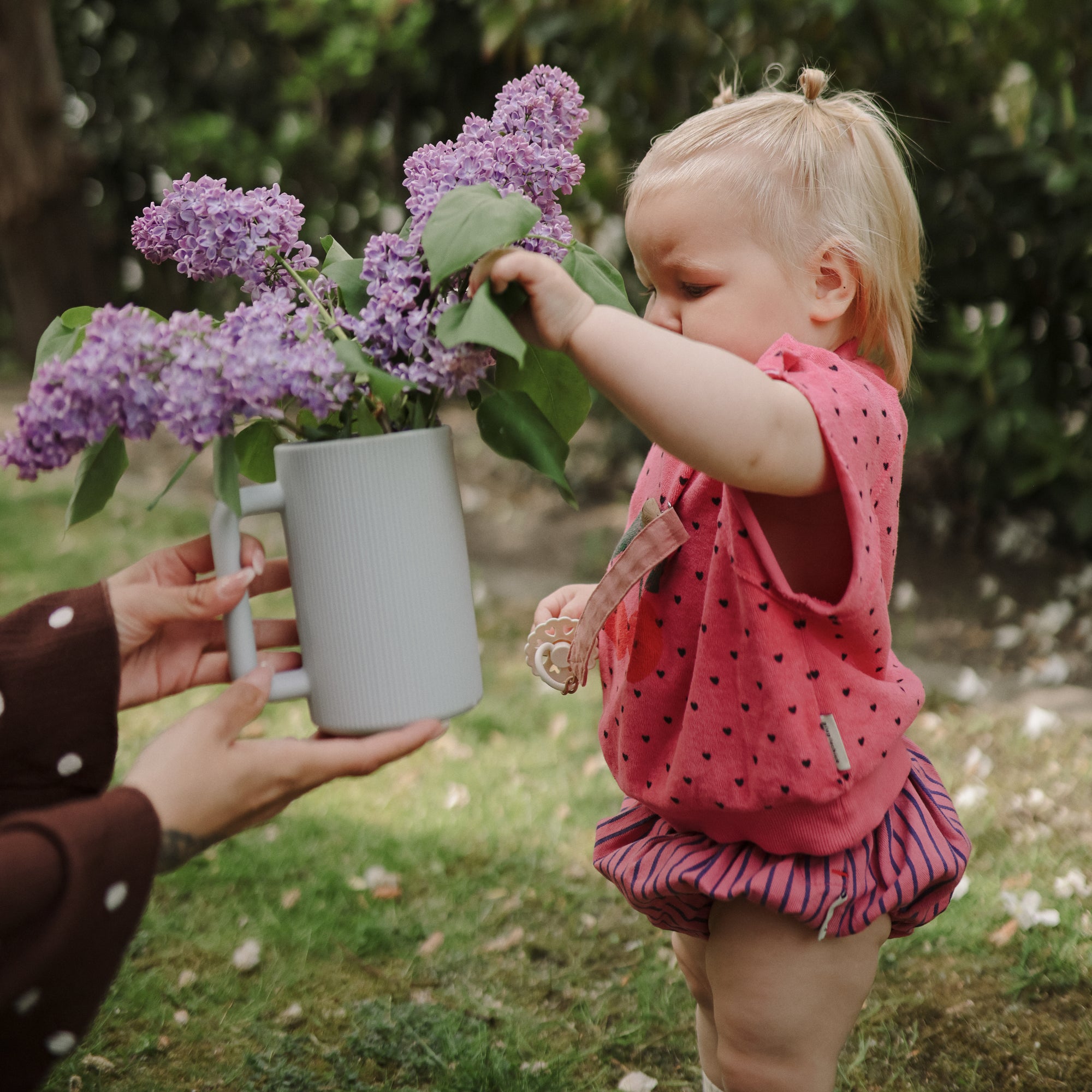 Toddler outdoors with Mushie Bath Rinse Cup, reaching for lilacs in a white vase.