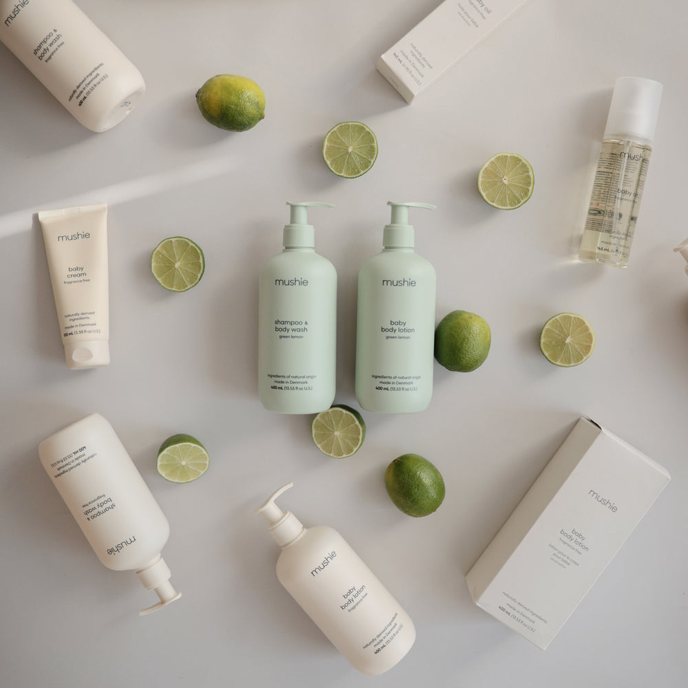Lifestyle image of Mushie Baby Skincare collection