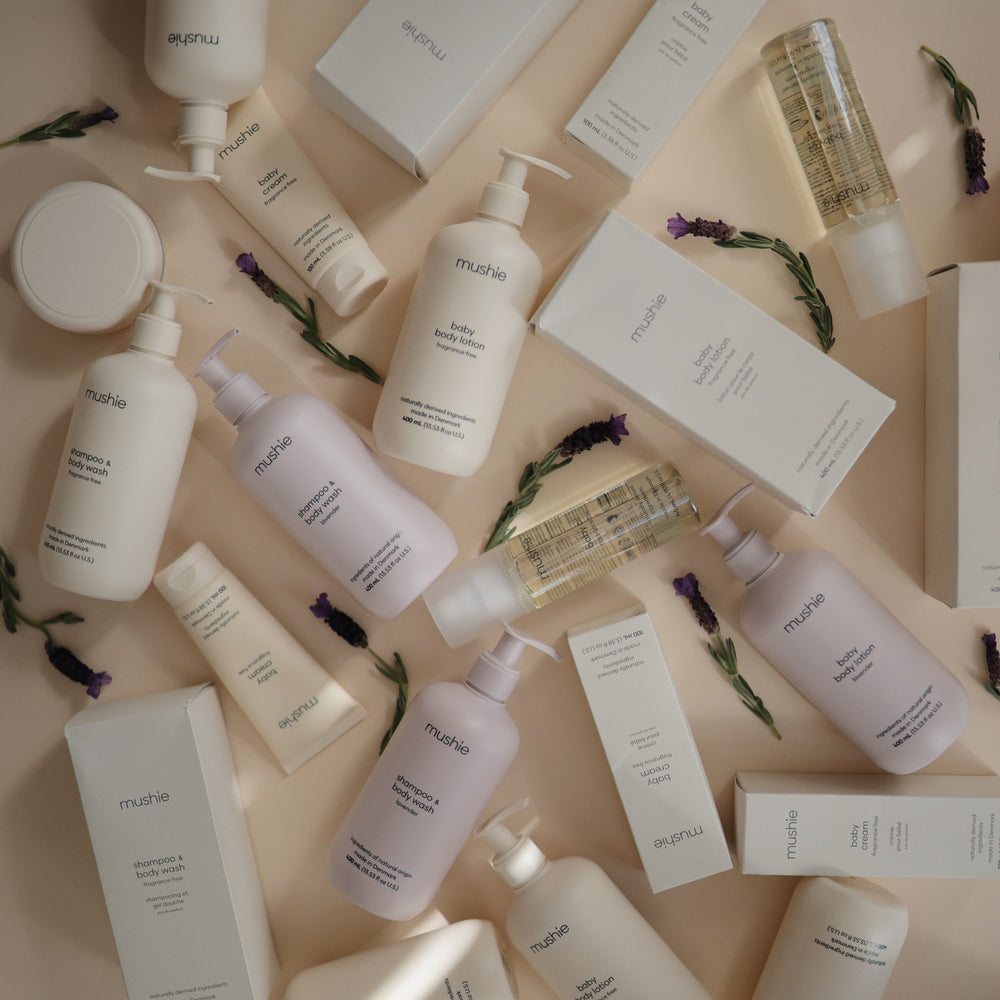 Lifestyle image of Mushie Baby Skincare collection